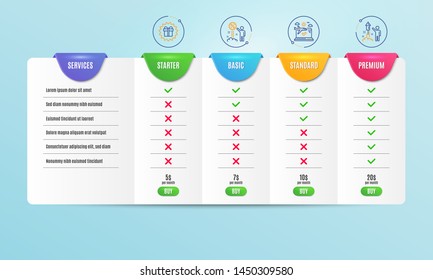 Airplane travel, Surprise gift and Discount icons simple set. Comparison table. Fireworks sign. Check in, Shopping offer, Sale shopping. Party pyrotechnic. Holidays set. Pricing plan. Vector