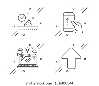 Airplane travel, Swipe up and Skin care line icons set. Upload sign. Check in, Scrolling screen, Face cream. Load arrowhead. Business set. Line airplane travel outline icon. Vector