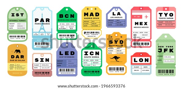 Airplane\
travel tags. Airport baggage tickets with stamps. Bright badges set\
for tourists\' luggage. Airline coupons from different cities.\
Vector labels with tear off line and\
barcode