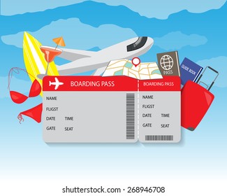airplane travel ticket. modern style background, for planning a summer vacation, online booking a ticket on a trip, flying a plane to travel destination. vector illustration