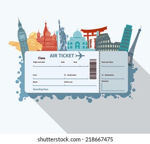 Airplane travel ticket with world famous landmarks icons vector illustration