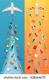 Airplane travel & tourism narrow vector banners in flat style