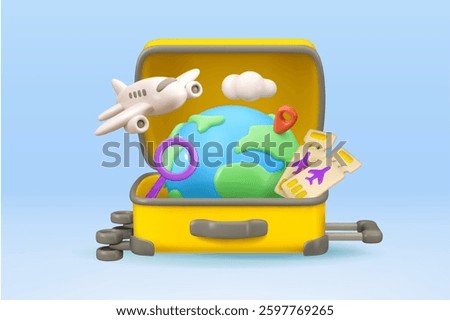 Airplane travel vector 3d banner design. Open suitcase with plane, tickets. map pin and search magnifier. Summer vacation cartoon concept.