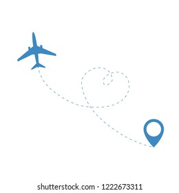 Airplane travel vector concept. Blue Plane with start  point and route dash line on white background.  