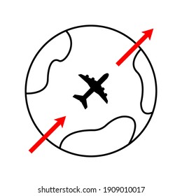 Airplane travel vector icon. Airplane and planet earth icon. Airways direction vector icon. Icon in flat style.