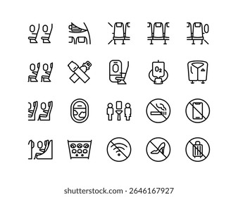 Airplane Travel Vector Icon Set | Adjustable Line Weight | Seats, lavatory, overhead bin, emergency exit, oxygen mask, no smoking, no mobile icons