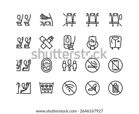 Airplane Travel Vector Icon Set | Adjustable Line Weight | Seats, lavatory, overhead bin, emergency exit, oxygen mask, no smoking, no mobile icons
