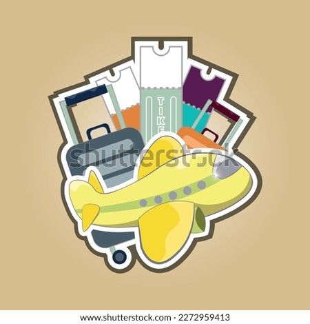 Airplane, travel, vector image. Flight, plane tickets, luggage. Logo, postcard.