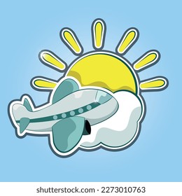 Airplane, travel, vector image. Airplane in the sky, transportation, sun and airplane. Logo, postcard