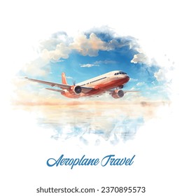 airplane travel vignette in watercolor form