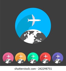 Airplane travel world, globe, tourism icon