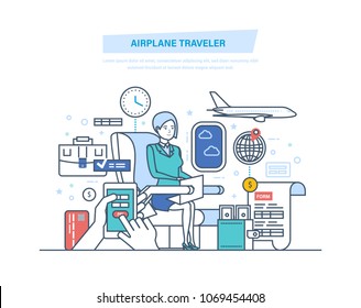 Airplane traveler. Tourism, air travel to world. Purchase, booking online tickets through mobile application. Traveler using onboard internet WiFi provided by airline. Illustration thin line design.