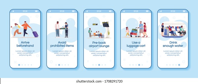 Airplane traveling advices onboarding mobile app screen vector template. Arrive in time, book airport lounge seat. Walkthrough website steps with flat characters. Smartphone cartoon UX, UI, GUI