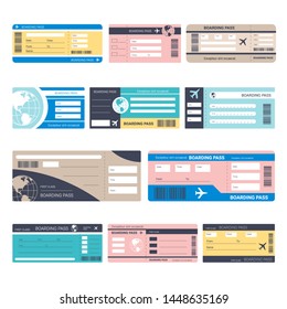 Airplane traveling tickets or boarding passes isolated objects vector paper plane board access admission journey or business trip Earth planet symbol vacation abroad tourism aircraft embarking.