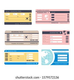 Airplane traveling tickets or boarding passes isolated icons vector. Plane board access or admission, journey or business trip, Earth planet symbol. Vacation abroad, tourism and aircraft embarking