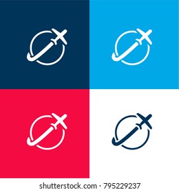 Airplane travelling around Earth four color material and minimal icon logo set in red and blue