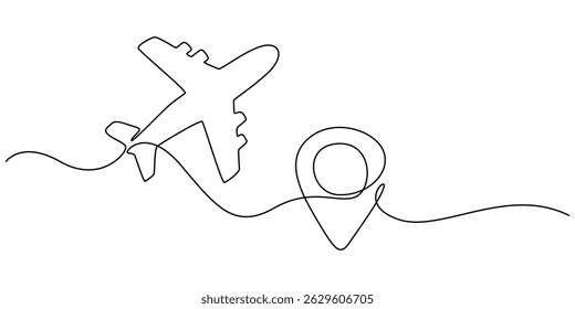 Airplane travelling continuous one line draw with map pin location, Continuous line drawing of aircraft flight routes and airport destinations. airplane line path icon of airplane flight route.
