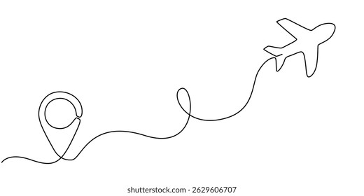 Airplane travelling continuous one line draw with map pin location, Continuous line drawing of aircraft flight routes and airport destinations. airplane line path icon of airplane flight route.