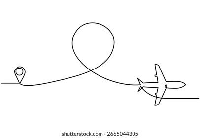 Airplane travelling continuous one line draw with map pin location,  line map location pin concept vector art. Doodle line illustration.