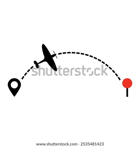 Airplane travelling from start point to end point with dotted line tracing.
