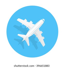 Airplane trendy icon. Plane on a blue circle. Flat style vector illustration.