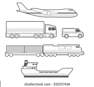 Airplane, truck, car, ship, train. Engraving vintage vector black illustration. Isolated on white background. Hand drawn design element for label and poster