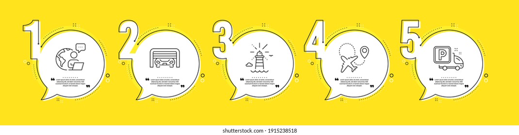 Airplane, Truck parking and Lighthouse line icons set. Timeline process infograph. Parking garage sign. Plane, Free park, Navigation beacon. Automatic door. Transportation set. Vector