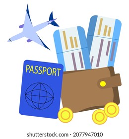 airplane and two plane tickets with boarding pass in brown wallet, with foreign passport and gold coins. Safe travel, voyage during pandemic. Vector image
