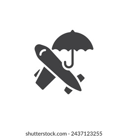 Icono del vector del avión y del paraguas. signo plano lleno para el concepto móvil y el diseño web. Icono de glifo de Seguro de viaje. Símbolo, ilustración del logotipo. Gráficos vectoriales