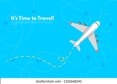 Airplane to Vacation. It’s Time to Travel text. Travel concept background. Flat design vector illustration