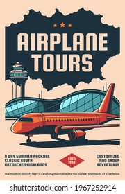 Airplane Vacation Tours, Aviation Travel Service Poster. Airline Custom Trip, Business Jet Rent Banner. Modern Passenger Airplane On Runway, Airport Terminal And Dispatcher Tower Buildings Vector