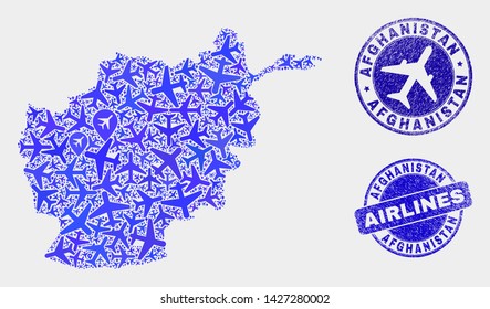 Airplane vector Afghanistan map mosaic and scratched watermarks. Abstract Afghanistan map is designed with blue flat scattered aviation symbols and map pointers. Tourism scheme in blue colors,