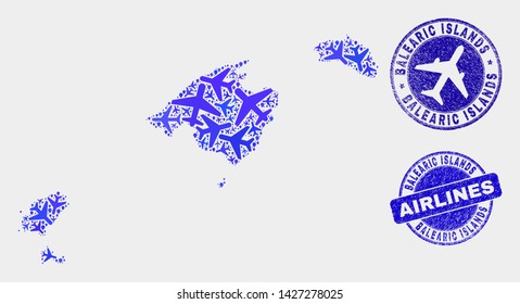 Airplane vector Balearic Islands map mosaic and grunge seals. Abstract Balearic Islands map is created with blue flat scattered airlines symbols and map pointers. Delivery scheme in blue colors,