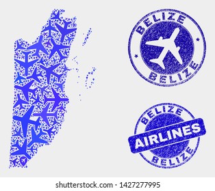 Airplane vector Belize map mosaic and scratched seals. Abstract Belize map is created with blue flat randomized airlines symbols and map locations. Flight scheme in blue colors,