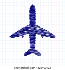 Airplane vector black  icon with pen and school paper effect 