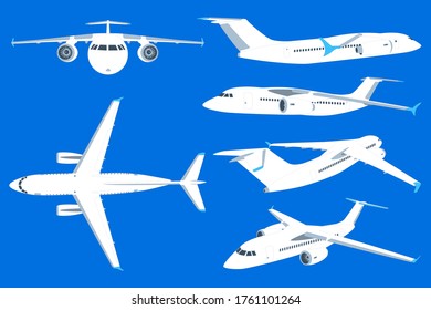 Airplane vector cartoon set isolated on a blue background.