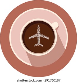 Airplane in the vector coffee cup. Coffee cup and airplane in flat design. 