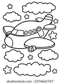 Página de coloreado vectorial de avión para niños, simple y fácil de colorear, divertido y adecuado para niños de todas las edades.