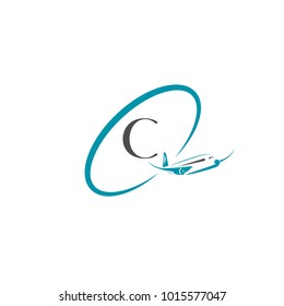Airplane vector design element with C letter, logo, travel agency concept
