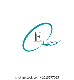 Airplane vector design element with E letter, logo, travel agency concept