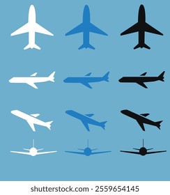 Airplane vector design . Front view, side view and top view.