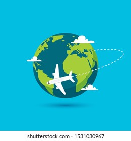 Airplane vector earth world globe icon. Plane flying round travel concept.
