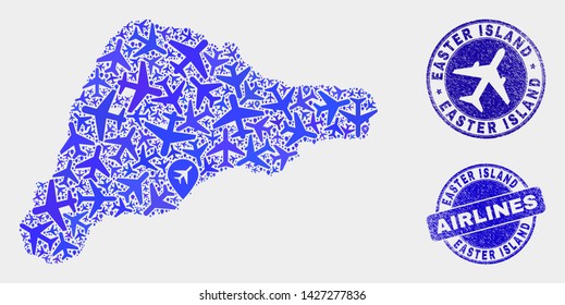 Airplane vector Easter Island map composition and scratched seals. Abstract Easter Island map is organized of blue flat random airplane symbols and map markers. Flight scheme in blue colors,