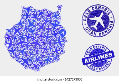 Airplane vector Gran Canaria map mosaic and grunge seals. Abstract Gran Canaria map is created of blue flat randomized airplane symbols and map markers. Delivery plan in blue colors,