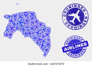 Airplane vector Groningen Province map collage and grunge watermarks. Abstract Groningen Province map is designed of blue flat randomized aircraft symbols and map pointers. Flight plan in blue colors,
