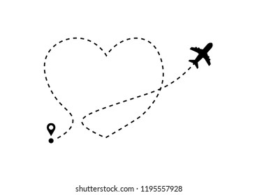 Airplane Vector with Heart Shaped Dotted Line Route