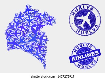 Airplane vector Huelva Province map collage and grunge seals. Abstract Huelva Province map is composed of blue flat scattered airplane symbols and map locations. Shipping scheme in blue colors,