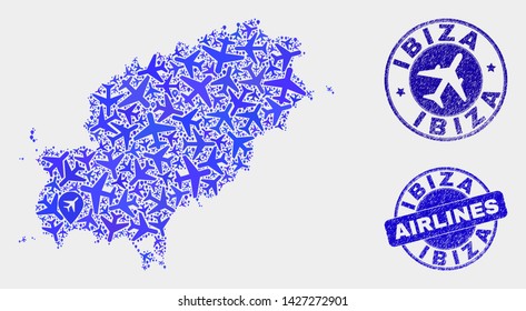 Airplane vector Ibiza Island map collage and scratched seals. Abstract Ibiza Island map is organized with blue flat randomized air plane symbols and map locations. Delivery scheme in blue colors,