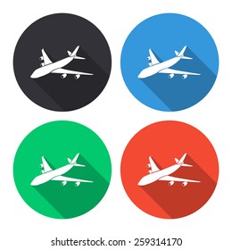 Airplane vector icon - colored(gray, blue, green, red) round buttons with long shadow