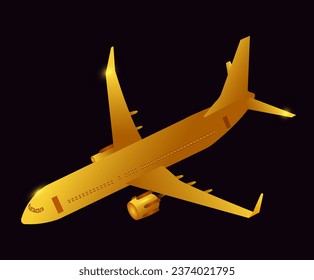 Airplane vector icon. Golden airplane icon. 3D Golden abstract airliner takes off on a black background. Vector EPS10